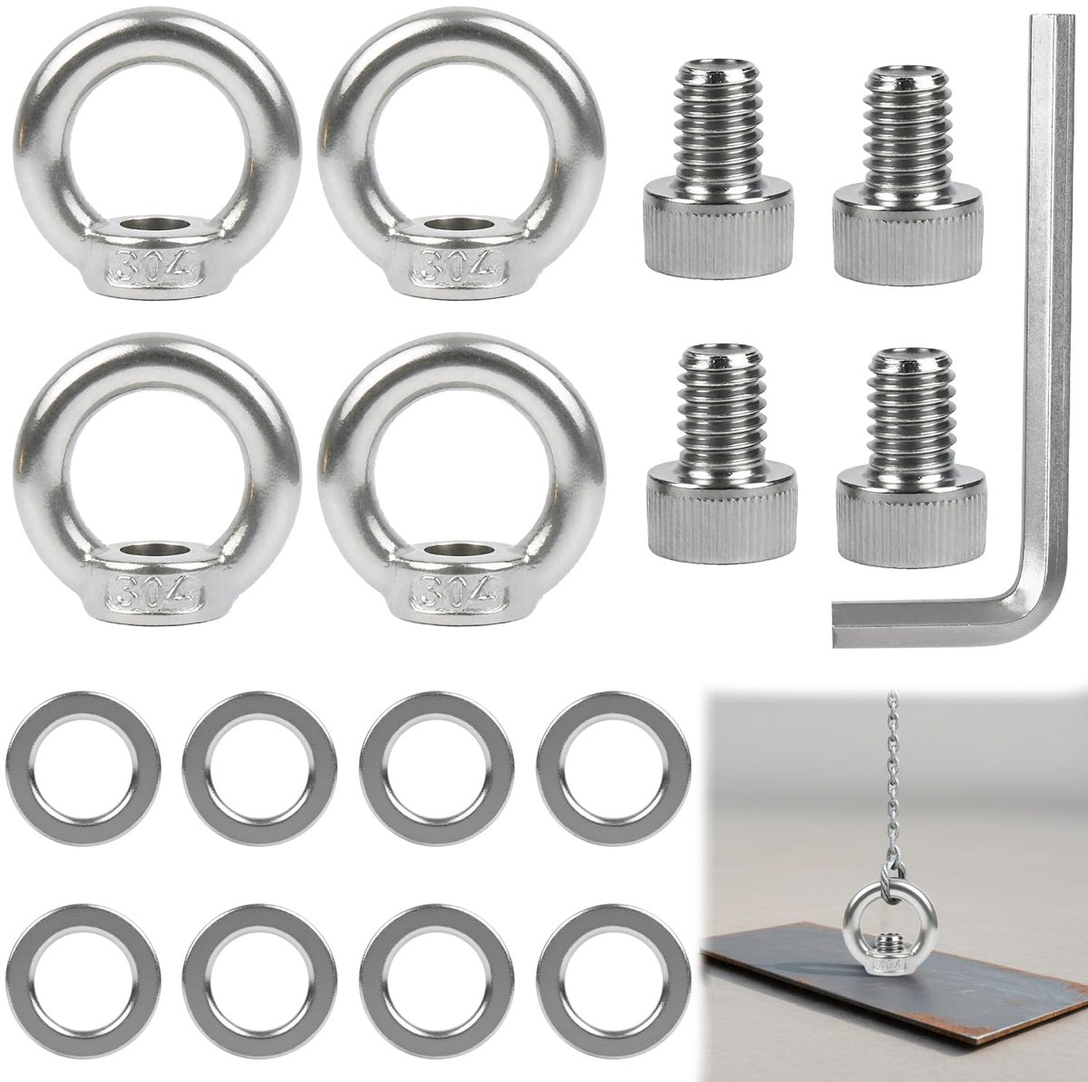 SnelShoppen - Rvs Oogbouten & Moeren M8 Set - 17 Delige Kit met Schroeven, Bouten, Ringen en Sleutel voor Ophangen en Tillen van Decoraties, Bloempott