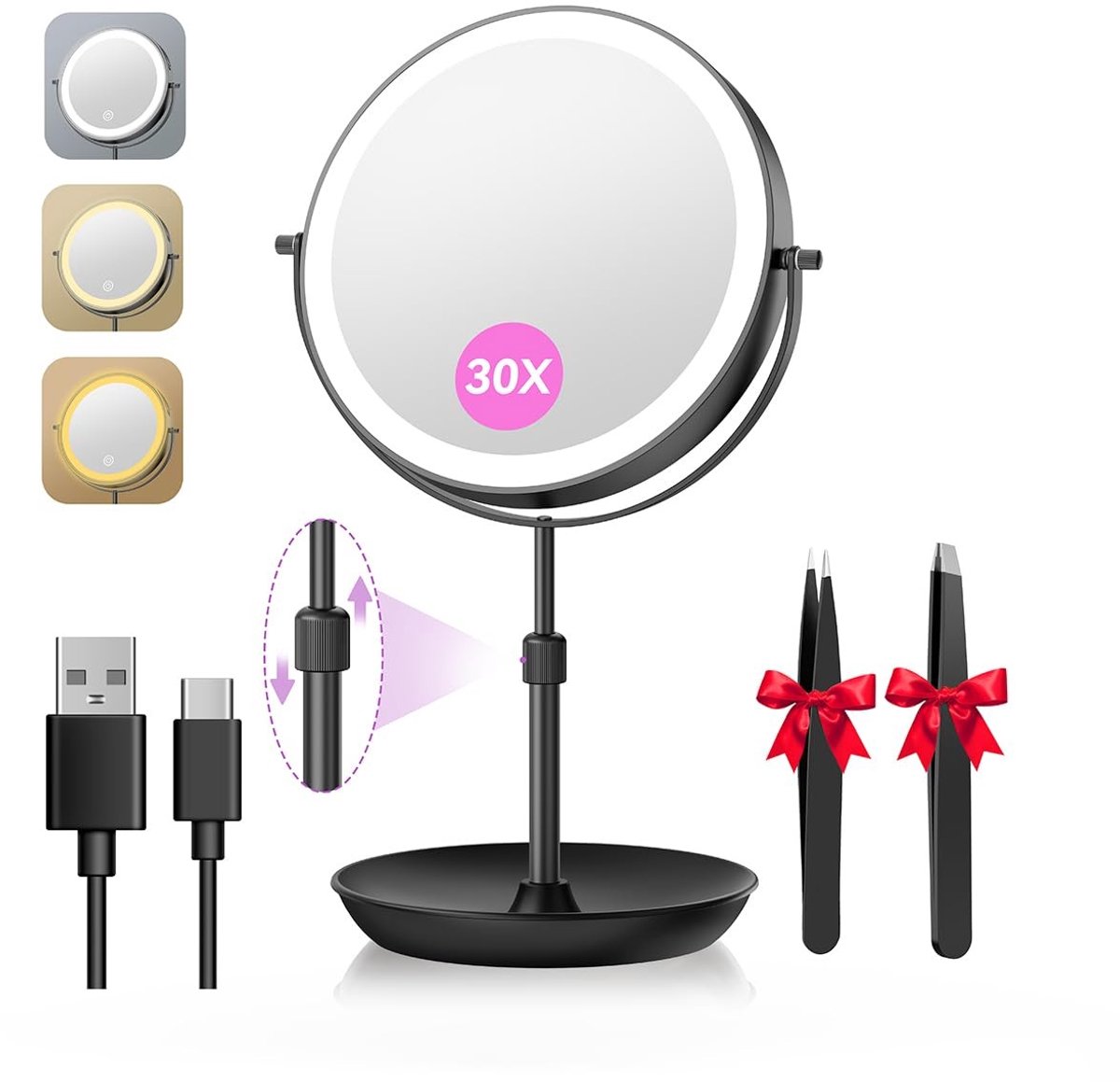 Omgoods - Oplaadbare Make-up Spiegel met Verlichting 30x/1x - 360° Draaiend