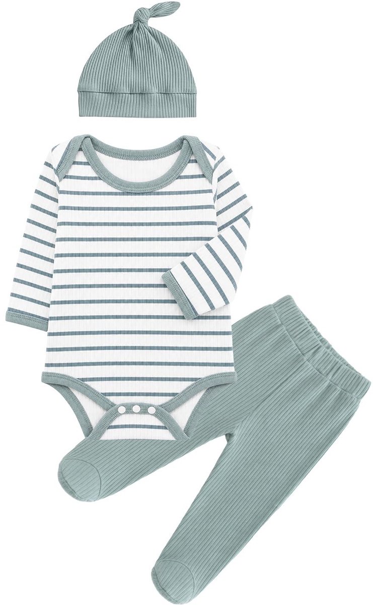 Omgoods - Baby Kledingset voor Jongens, Gestreept Rompertje met Lange Mouwen, Broek en Muts, Tot 18 Maanden