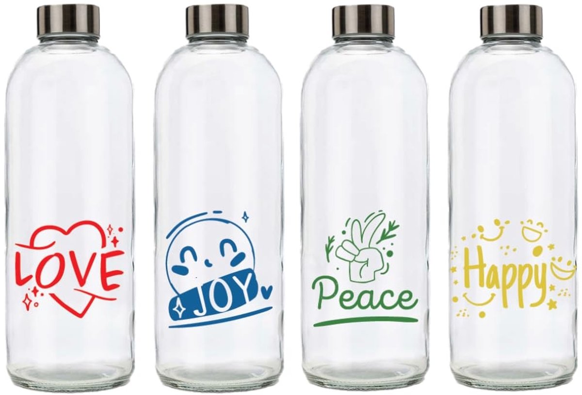 Omgoods - Set van 4 Glazen Flessen 1 Liter met Positieve Boodschap