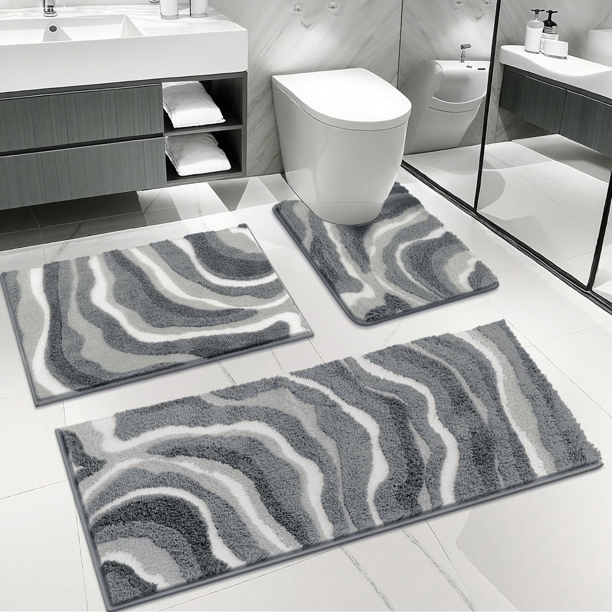 Omgoods - Set van 3 Badmatten en WC Mat, Antislip en Absorberend Grijs