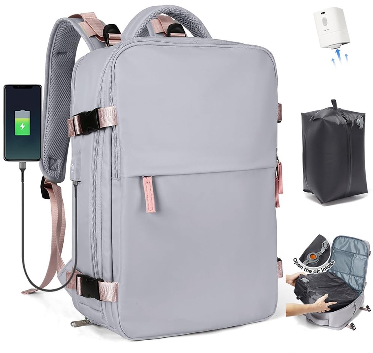 Omgoods - Lichtpaarse Vacuum Rugzak met Pomp - Ideaal voor Reizen en Handbagage