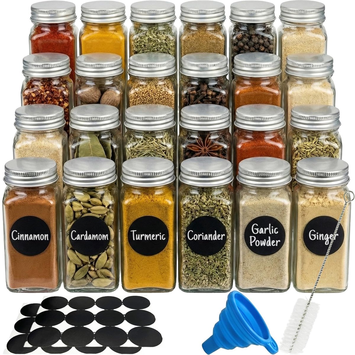 Omgoods- Kruidenpotjes 24 Stuks - Vierkante Potjes - Met Strooiinzetstuk - Hoogwaardige Kwaliteit - Organiser voor Keuken - Perfect voor Kruiden - Specerijpotjes
