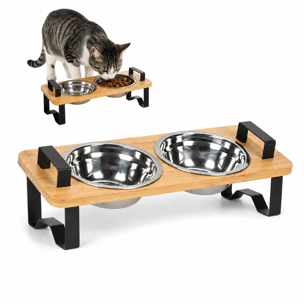 Omgoods - Set van 2 Verhoogde Kattenbakken met Roestvrijstalen Kommen