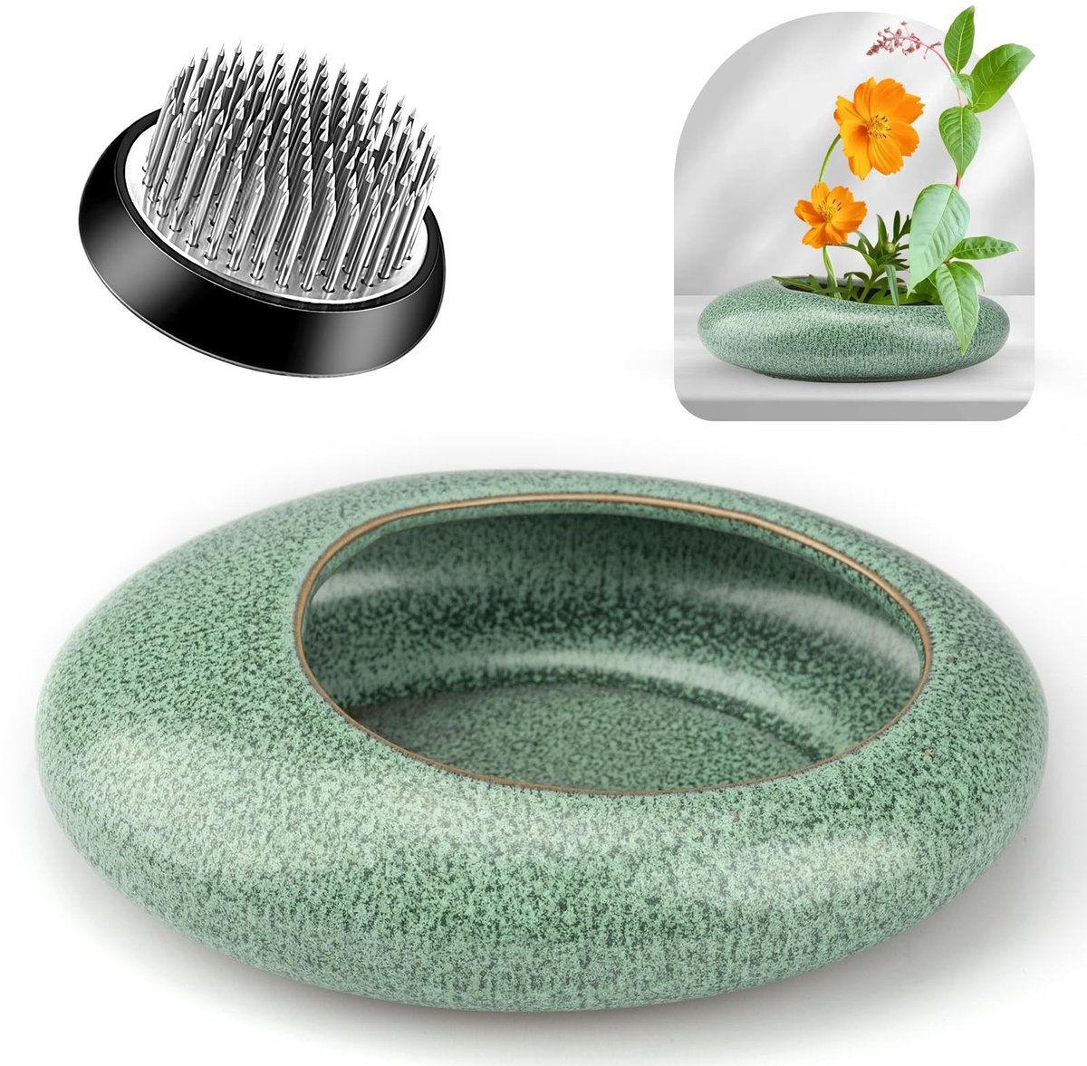 Omgoods - Ikebana Bloemhouder Set met Keramische Vaasje en Rvs Bloemenvrog
