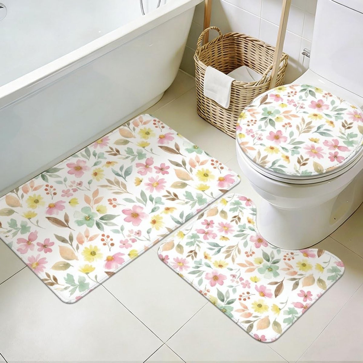 Omgoods - Set van 3 Wasbare Badkamertapijten met Toiletmat in Pastelbloemen Design