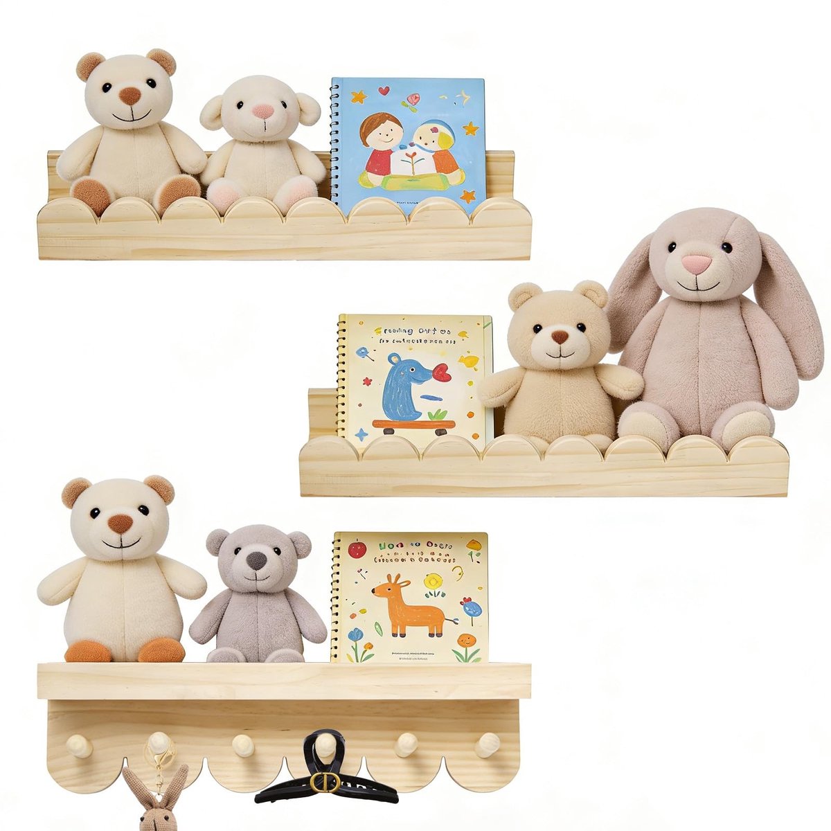 Omgoods - Set van 3 Kinderboekenkasten met Haken