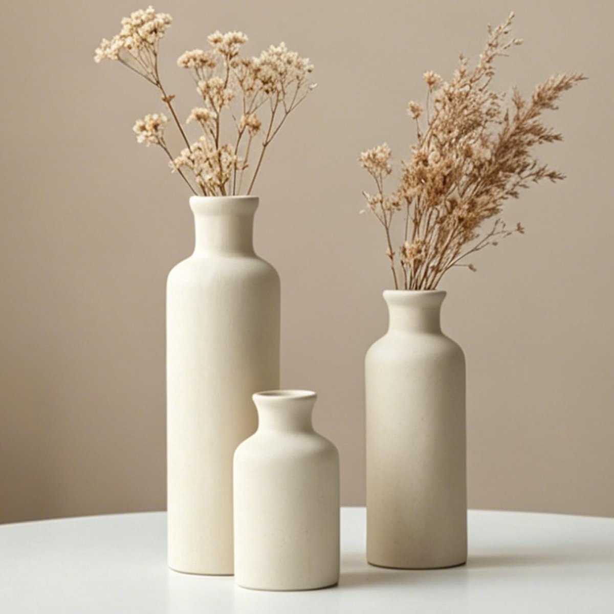 Omgoods - Set van 3 Beige Keramische Vazen voor Droogbloemen