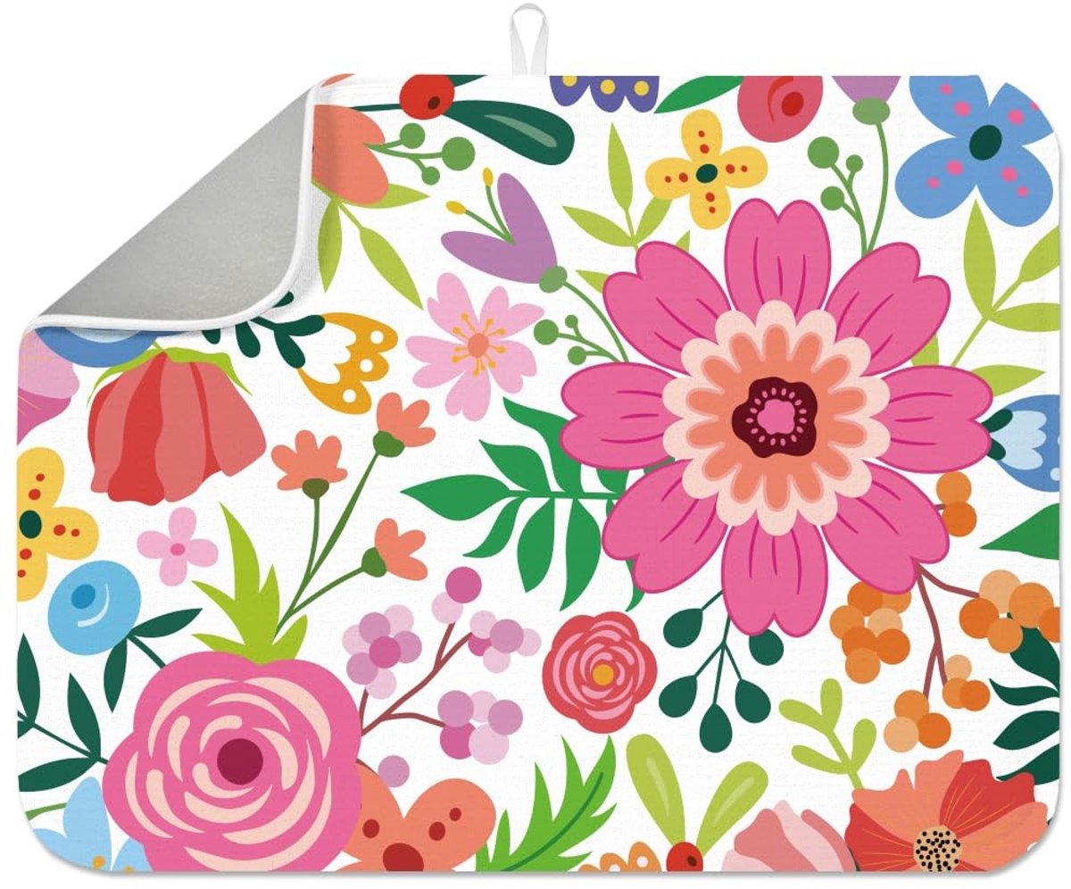 Omgoods - Aquarel Bloem Droogmat 47x59 cm - Microfiber Absorberend Pad voor Aanrecht