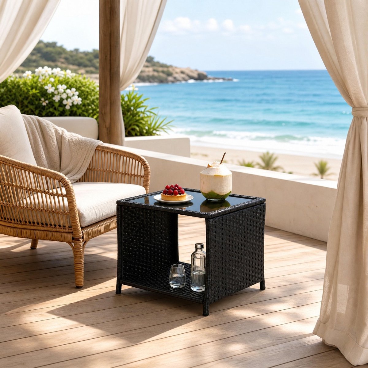 DESMIU Tuintafel - Bijzettafel Met Opbergruimte En Glasblad - Voor Tuin Balkon En Terras - Polyrattan Metaal - 45x45x40 Cm - Zwart