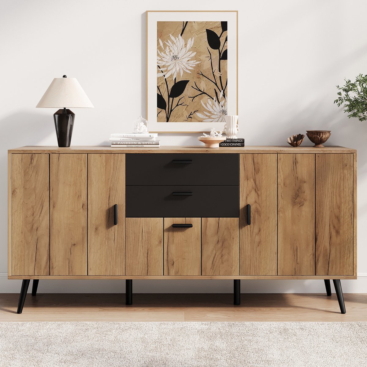 COVREO Dressoir 140x35x67 cm zwart en naturel, MDF met 2 lades