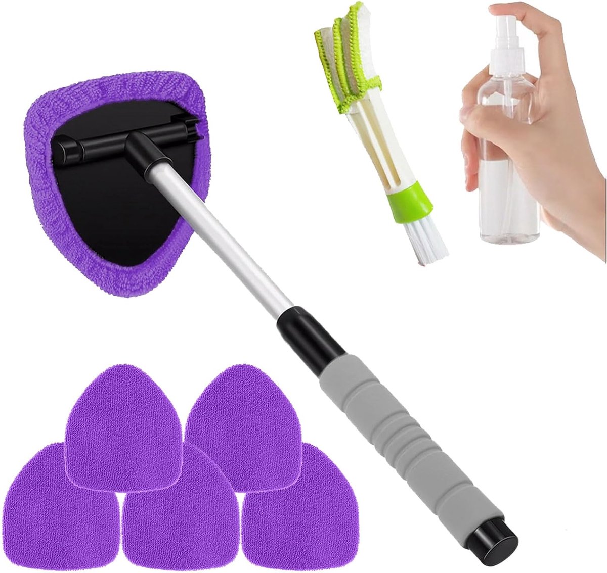 SnelShoppen - 8 stuks autowisserset met handvat, microvezeldoekjes, borstel, lege spuitfles voor autoglas en woningramen, paars, ideaal voor schoonmak