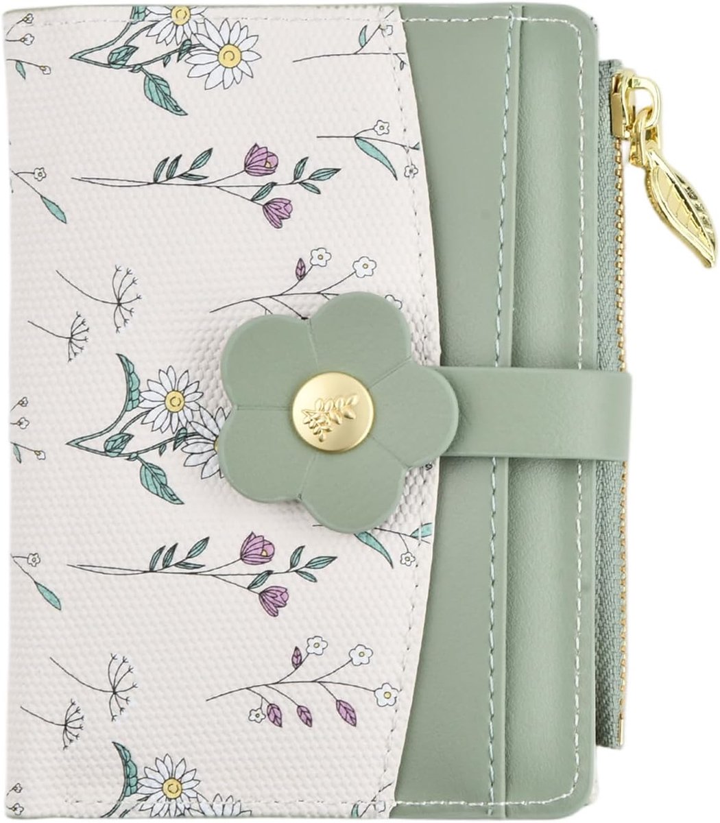 Damesportemonnee groen-wit - PU leer - bloemenprint - compact en elegant - ShopVlot