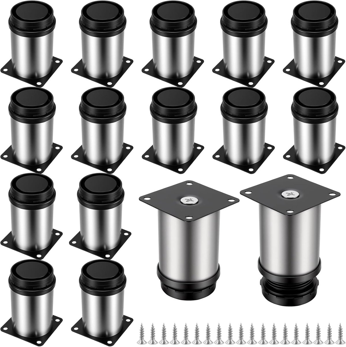 SnelShoppen - Set van 16 Verstelbare Meubelpoten 80 mm - 95 mm, Hoogte Verstelbaar, Stalen Meubelvoeten met Schroeven, 60 x 60 mm, RVS Meubelpoten voo