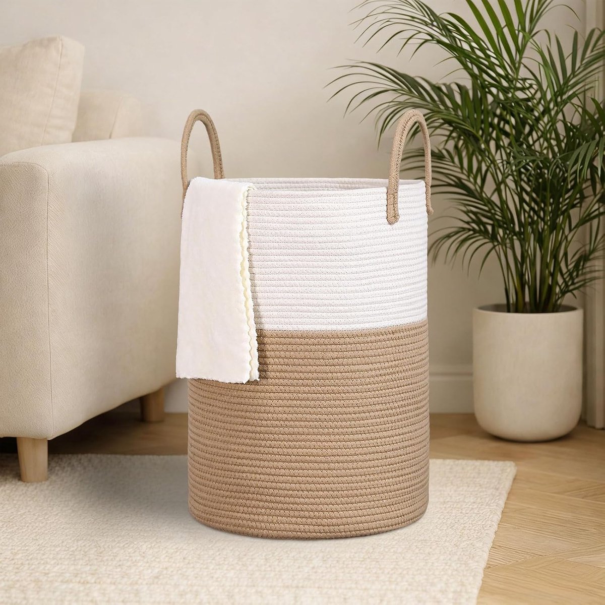 SnelShoppen - Wasmand Rond 53 Liter Gevlochten Katoenen Opbergmand met Handvat voor Kinderkamer, Woonkamer en Wasruimte - Bruin en Wit
