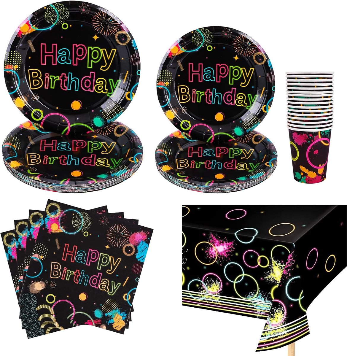 65 stuks Glow Neon partyserviesset, Glow Neon Verjaardagsfeestservies | Neon Glow in the Dark papieren servies, tafelkleed, borden, bekers, servetten voor verjaardag, bruiloften, jubilea, 16 gasten
