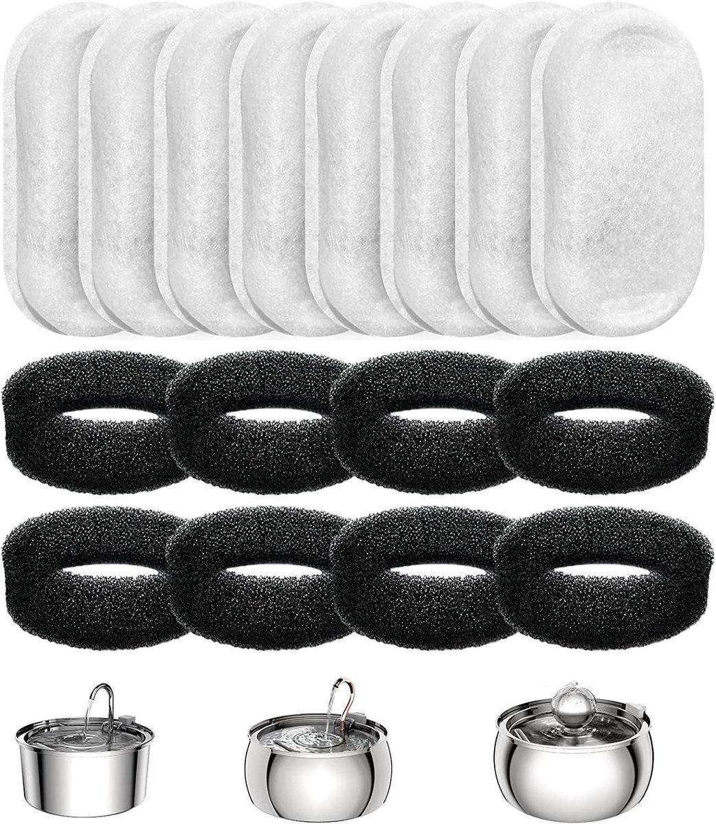 Filters Voor Drinkfontein in 8 kattenfontein filters en 8 pomp sponzen | Compatibel met Tomxcute kattenfontein van roestvrij staal. Inclusief actieve koolfilter en filtersponzen