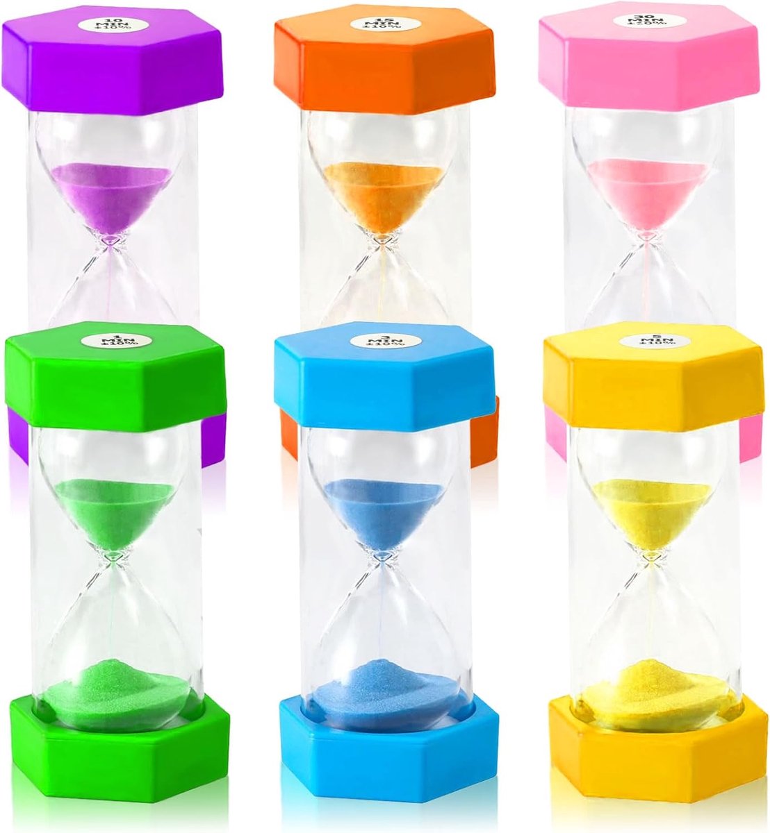 6 kleurrijke zandlopers voor kinderen (1/3/5/10/15/30 min) - leertimer, spel en decoratief, veelkleurige zandloperset voor tijdmanagement, kantoor en thuis