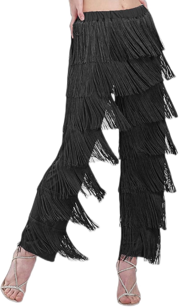 Vrouwen 7 Tier Kwastje Latin Dance Pant Ballroom Dance Professionele Zwart Volwassen Fringe Praktijk Broek