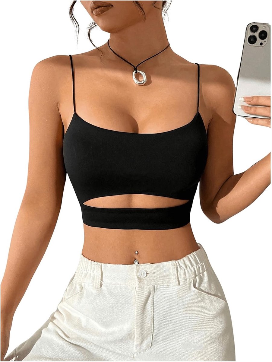 Crop Top met cut-out dames sexy cami top zeer kort zomer top met hals buikvrije top