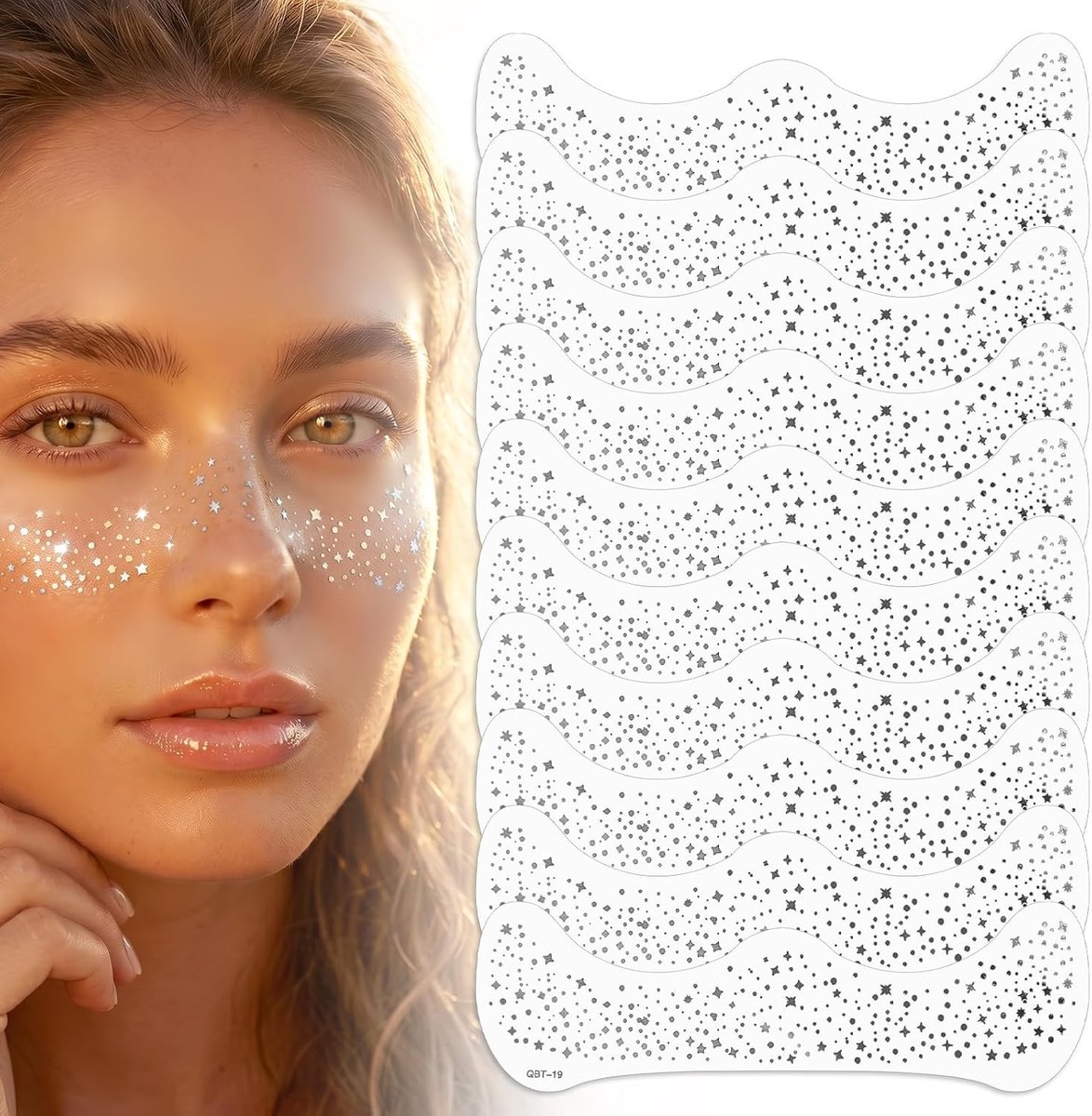 10 stuks glittertatoeages voor gezicht, sterren en stippen, goudkleurig, waterdicht, glitter, sproeten, strand, glitter, gezicht, voor muziekfestivals, feestjes en vakantie zee (warm zilver)