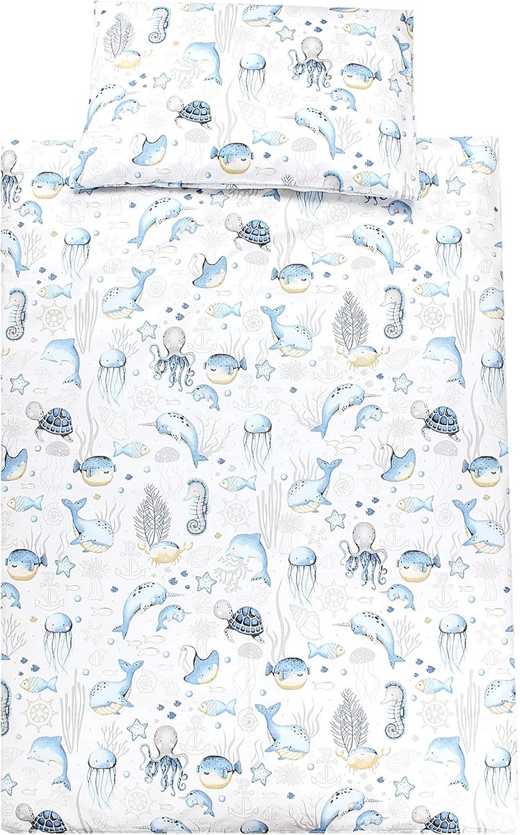 Kinderbeddengoed Jongens Meisjes Set 2-delig 100 x 135 cm + 40 x 60 cm, Zeedieren/Blauw, 135x100 cm