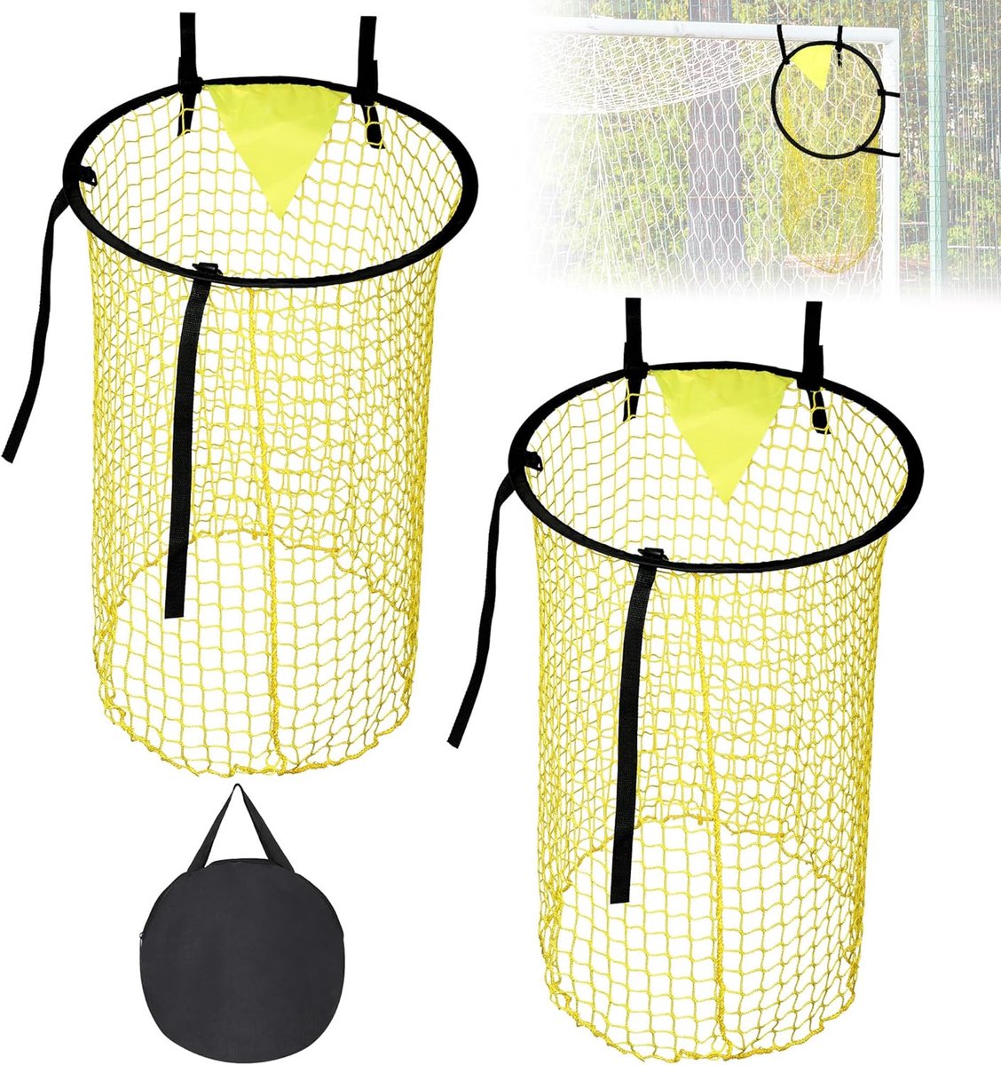 2-pack voetbal bovenste bakken doelnet, geel, 45 cm, 2 x voetbalnet, 1 x opbergzak, metalen frame, nylon materiaal, doeltrainingsapparatuur