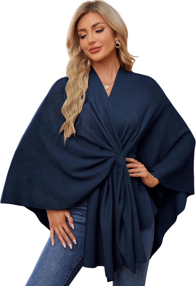 Elegante poncho, gebreide poncho's voor dames, capes aan de voorkant, veelzijdige sjaalwikkels met lipje, Donker leiblauw, One size