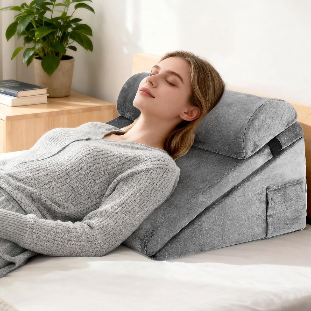 kussen voor bed, driehoekig kussen van traagschuim voor slaapapneu, leeskussen voor bed voor slaapapneu, zure reflux, beenverhoging, grijs