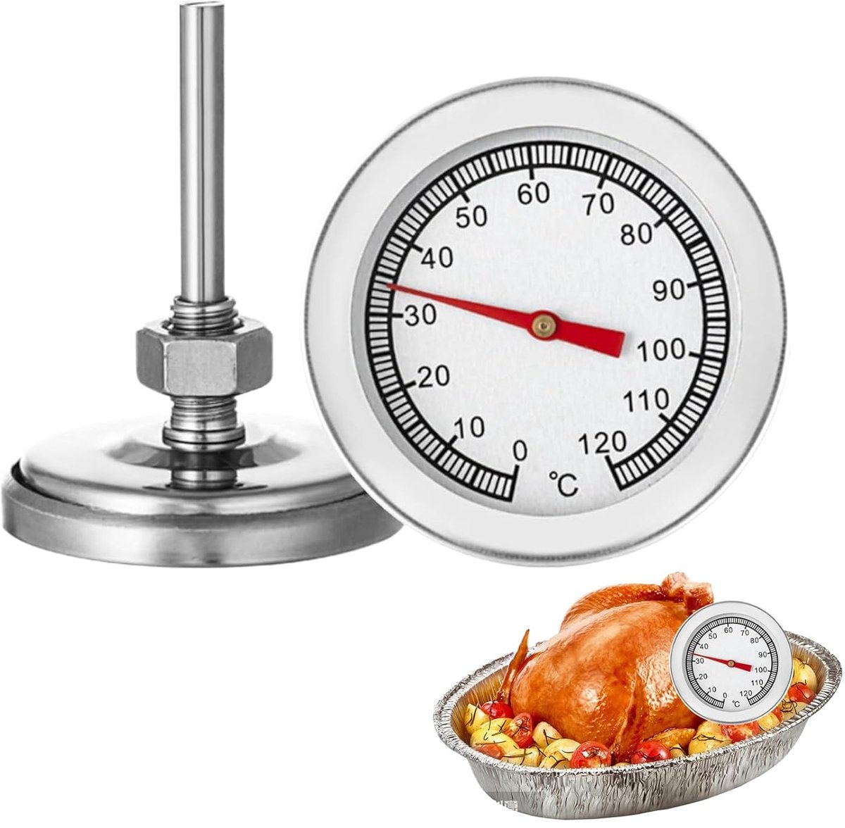 roestvrij staal, keukenthermometer, braadthermometer, BBQ voor grill, rookoven, pizza, temperatuurweergave 120 °C voor koken, vlees, rookoven