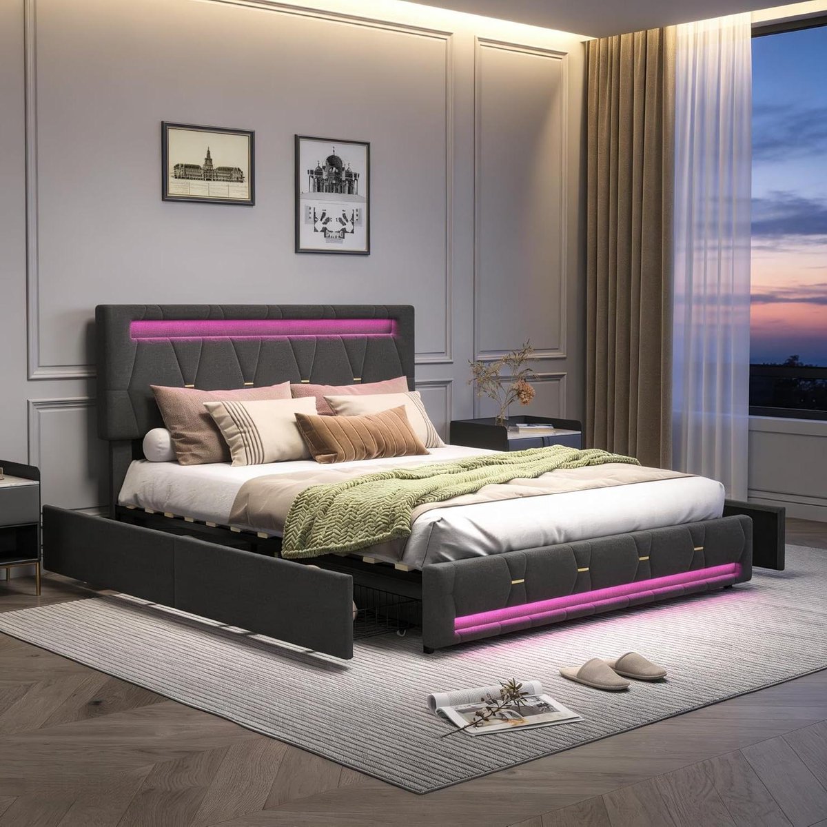 Linnen Bed - Bedframe met Laden - Slaapkamer Organisatie - Geïntegreerde LED-verlichting - 140 x 200 cm - Grijs