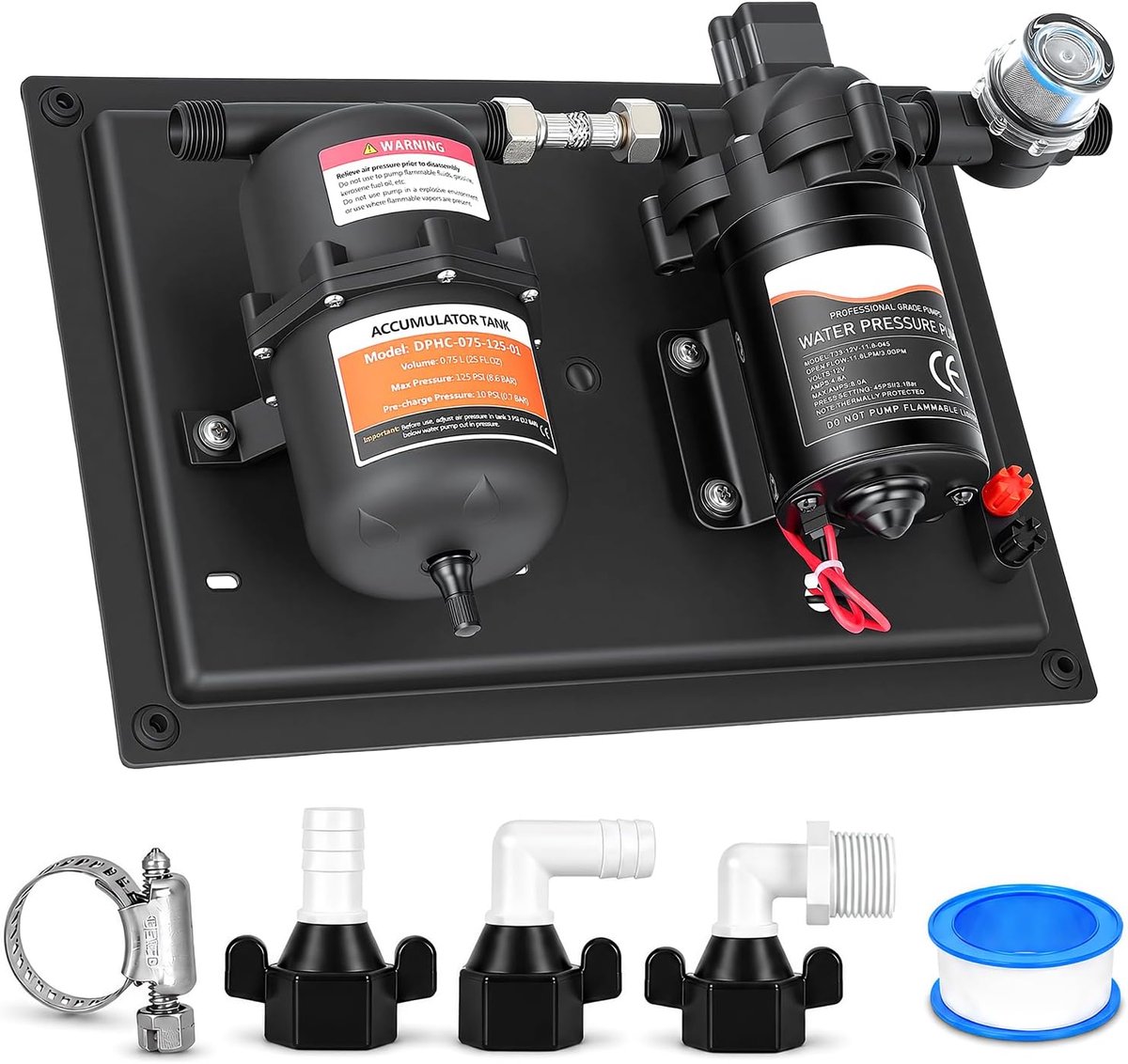 12 V waterdruksysteem met 0,75 l drukreservoir, 3,0 GPM 50 PSI zelfaanzuigende membraanpomp met filter en drukinstelling, stille watertoevoerpomp voor camper, boot, tuin, camping