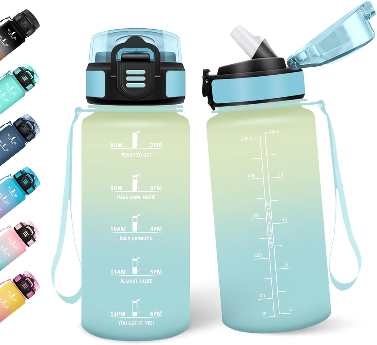 Drinkfles met Rietje, 0.5L BPA-vrij, Sportdrinkfles, Lekdicht, Waterfles, Geschikt voor Koolzuurhoudende Dranken, Drinkflessen, Sport Drinkfles voor Yoga, School, Outdoor, Beige Lichtblauw