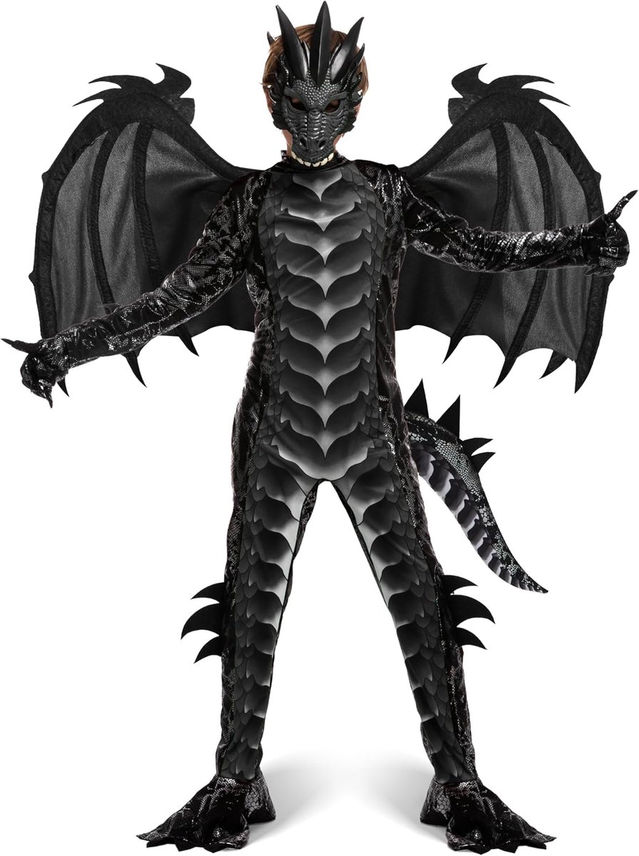 Creations Drakenkostuum voor jongens (zwart blauw of zwart rood), drakenvleugels, staart en maskerset voor Halloween, verkleedpartijen en cosplay