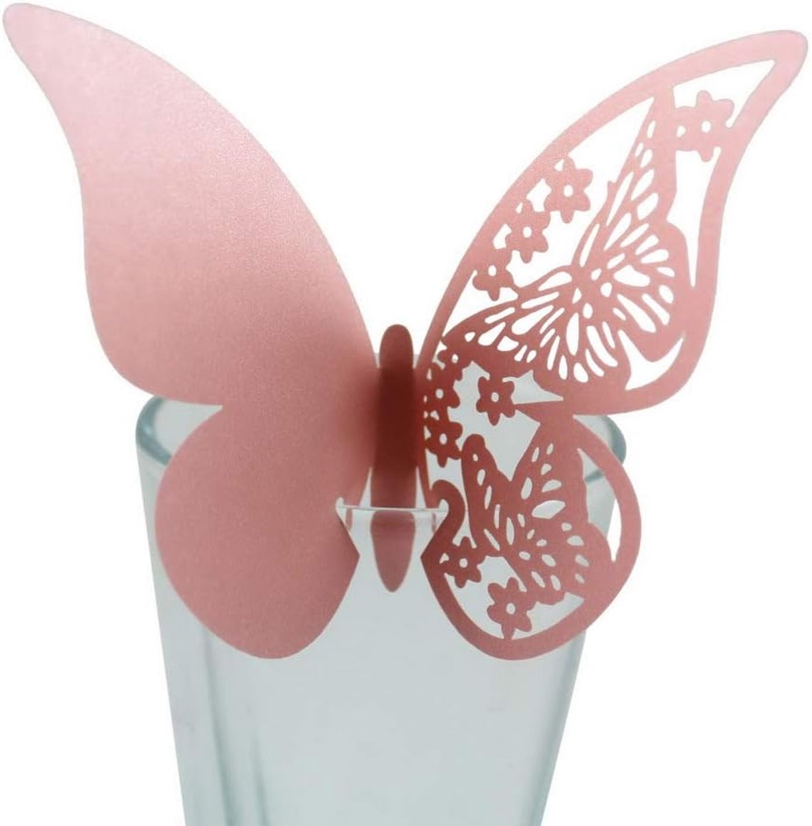 50 stuks vlindertrechterlier, tafelkaarten, naamkaarten, glazen hangers, muurstickers voor tafeldecoratie, bruiloft, feest, huisdecoratie, vlinder, tafelkaarten, laserplaatskaarten, naamkaarten, roze