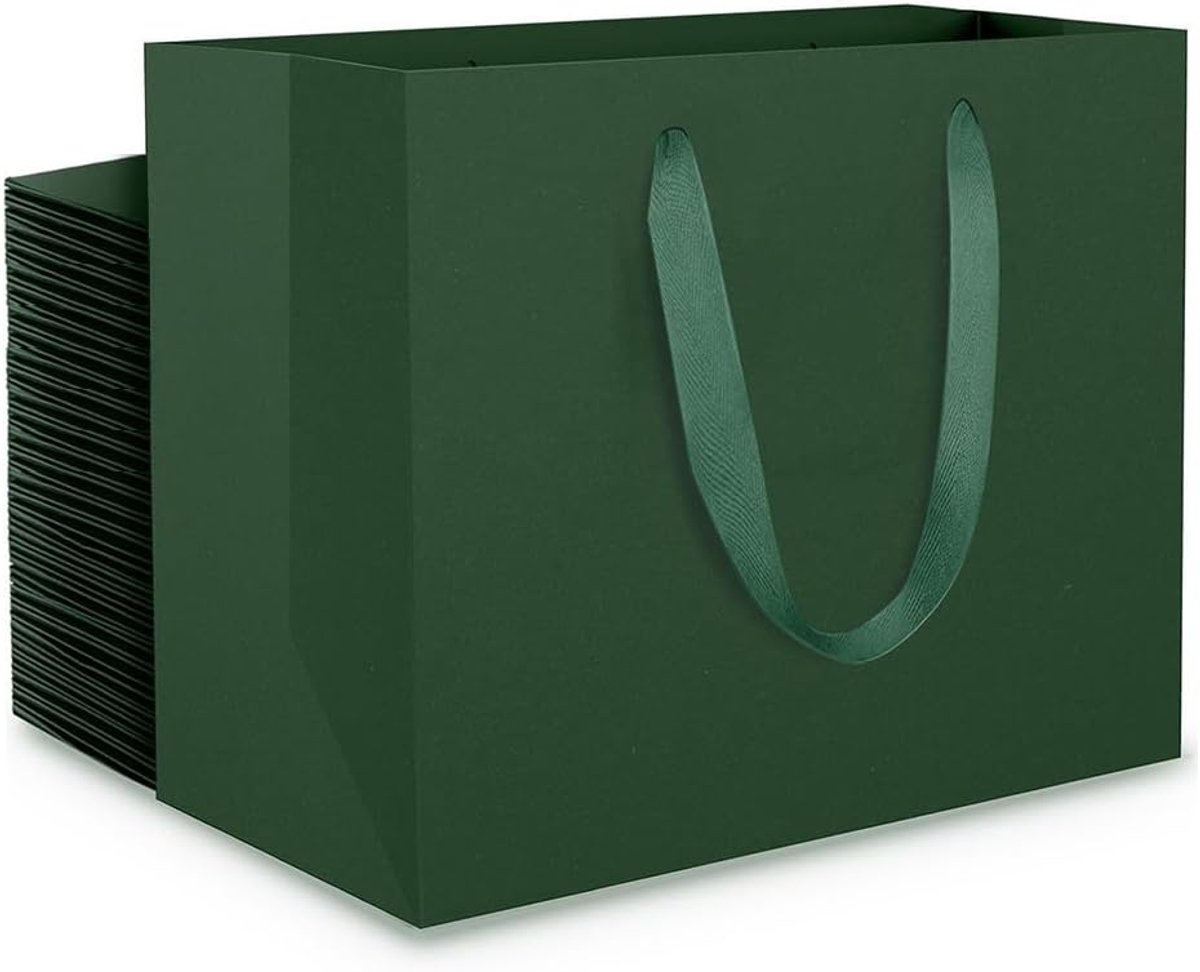 Donkergroene Geschenkzakken - 50 stuks 230g/m² Papieren Zakken met Handvatten - S 22 x 10 x 18 cm Kleine Verjaardagsgeschenkzakjes - Groene Cadeauzakjes Kerstmis Feestdagen