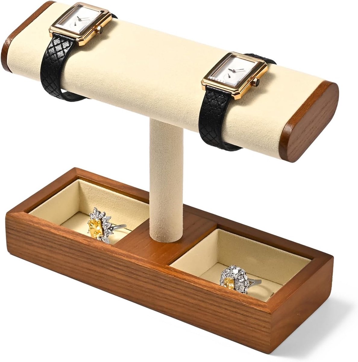Multifunctionele Massiefhout T-Bar Horlogestandaard, Horlogehouder, Watch Stand Sieradenstandaard voor Organizer (Crèmewit)