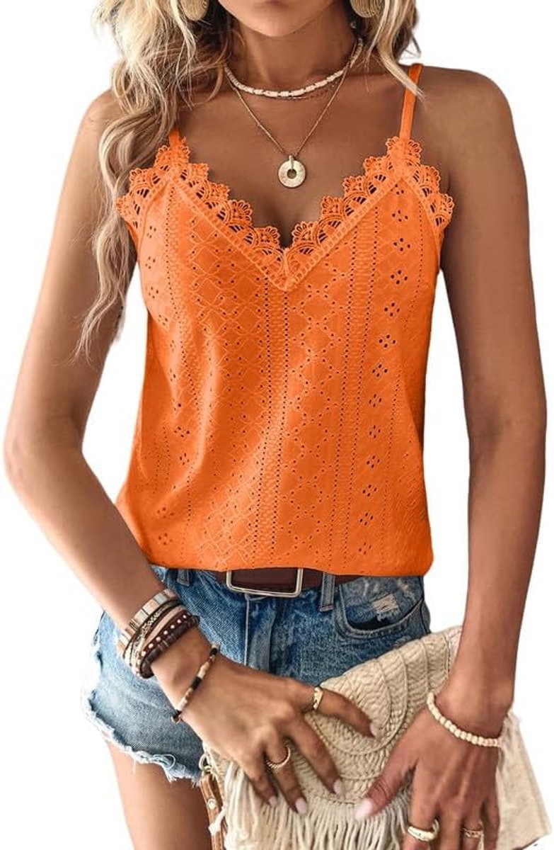 Vest Tops Dames Kanten Rand V-hals Dames Zomertops Tanktops Mouwloze Spaghettibandjes Cami Top Eyelet Borduursel Camisole Losvallende Blouse Shirt