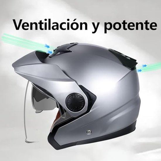Grijze motorhelm met ventilatie-indicatoren.