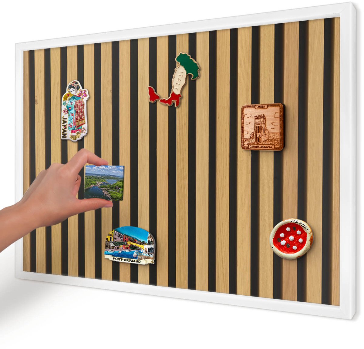 Artprintcave Bruin Magneetbord mit Witte Lijst - 60x40 cm - Houten Ritmes Magneetbord Voor Keuken - Minimalist Magnetisch Bord Voor Magneten - Texturen