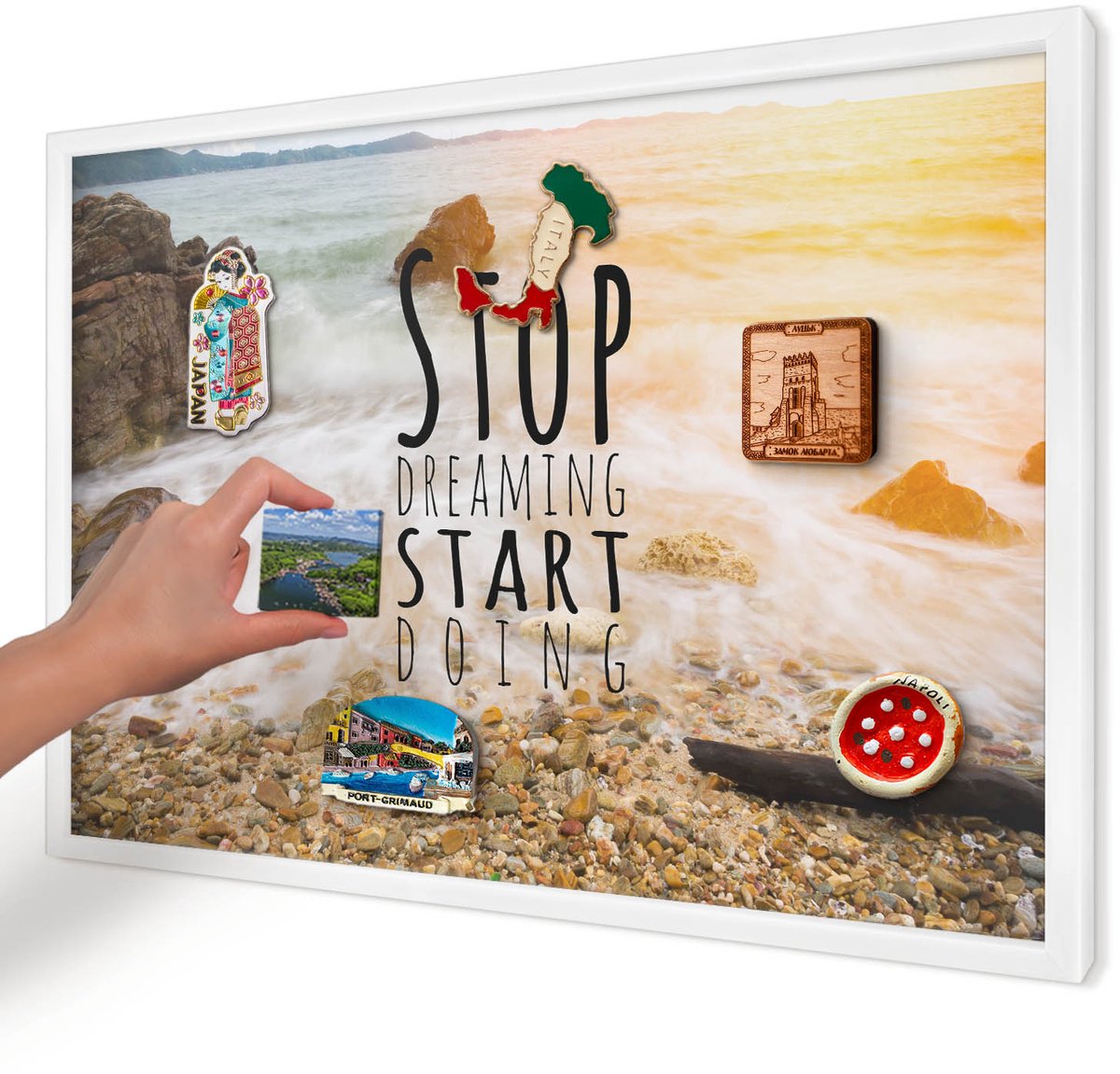 Artprintcave Beige Magneetbord mit Witte Lijst - 60x40 cm - Kustthema Magneetbord Voor Foto's - Fotografisch Magnetisch Bord - Landschappen