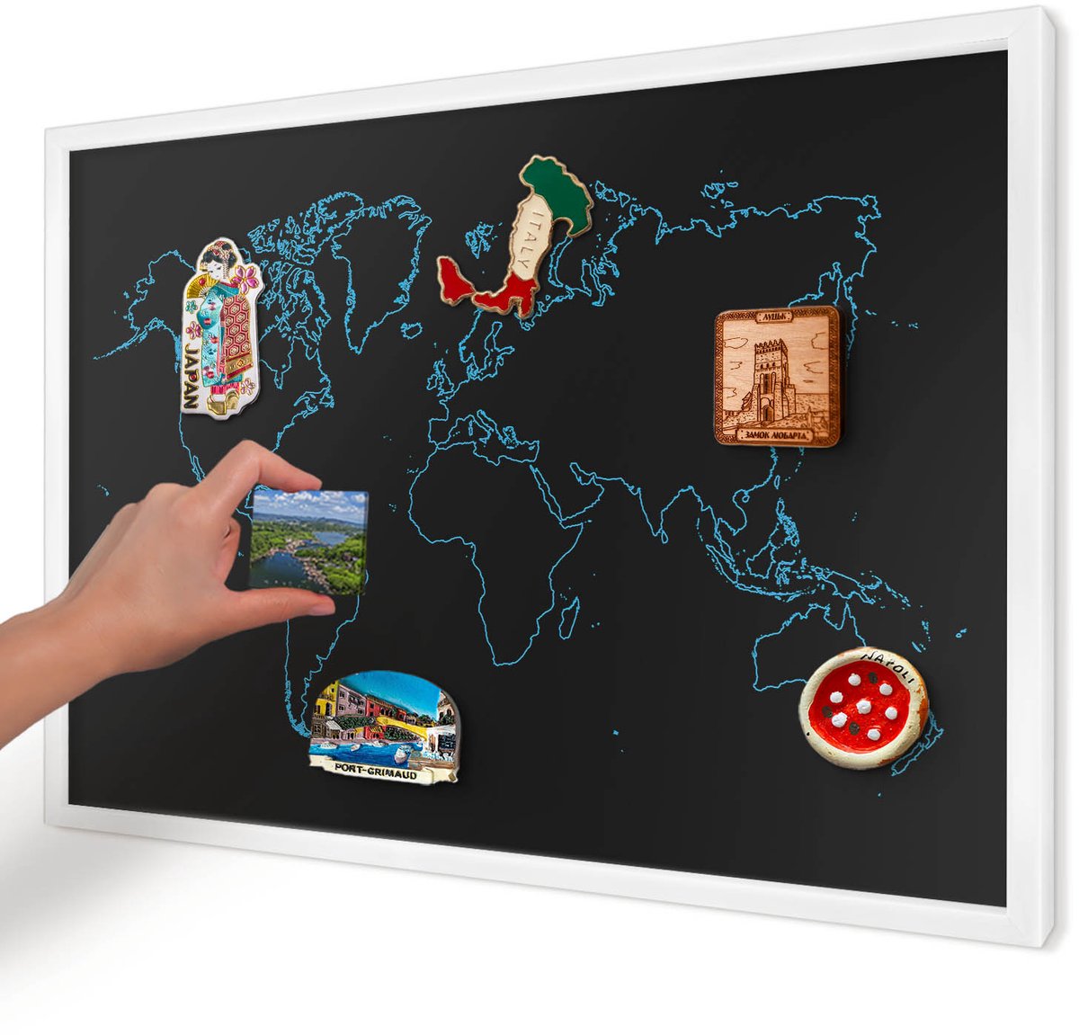 Artprintcave Zwart Magneetbord mit Witte Lijst - 60x40 cm - Wereldkaart Memobord Keuken - Minimalist Bord Voor Magneten - Kaarten