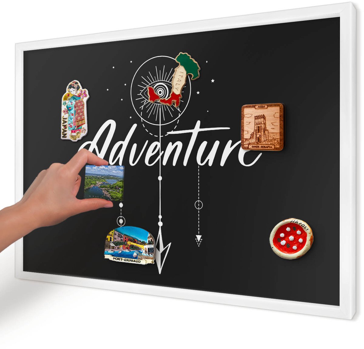 Artprintcave Zwart Magneetbord mit Witte Lijst - 60x40 cm - Avontuur Wacht. Wandbord Magnetisch - Typografisch Magnetische Organizer - Teksten