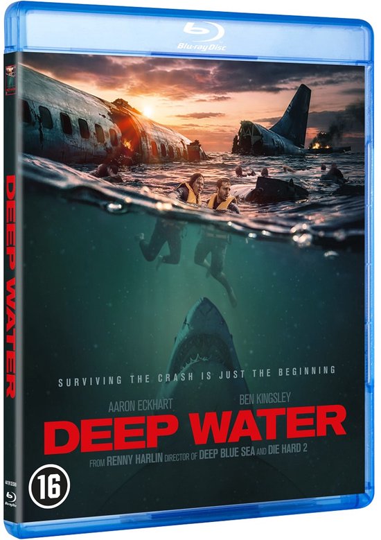 Blu-ray hoes van Deep Water, met een vliegtuigwrak in water en een haai. Tekst: Deep Water. Leeftijd 16.