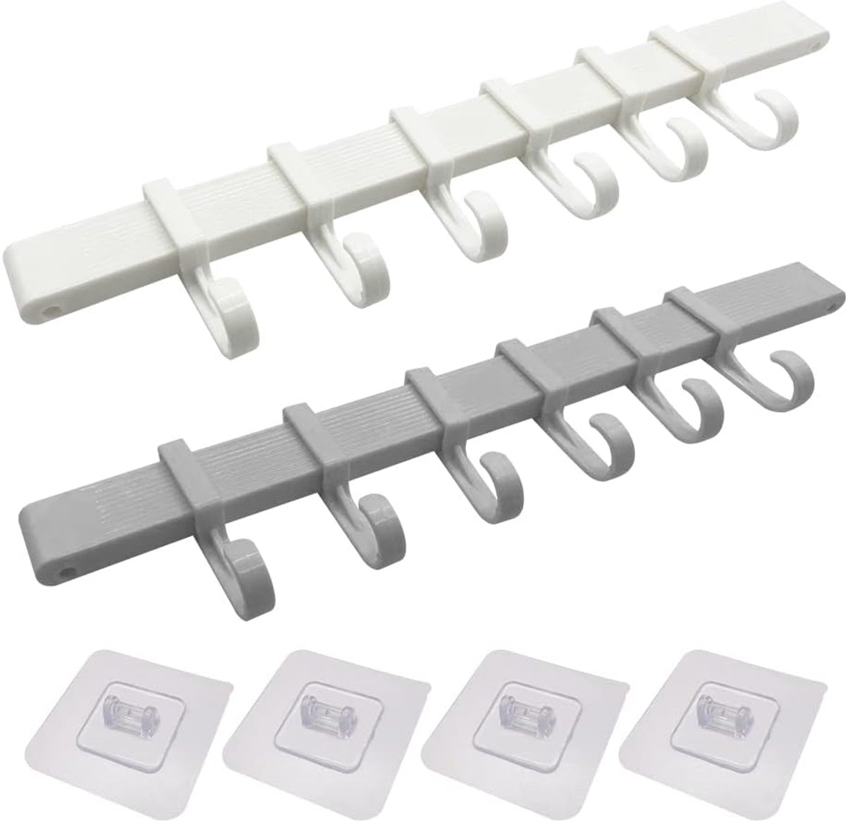 SnelShoppen - 2 Set Keuken Haken met 6 Sliding Hooks, Zelfklevend en Ruimtebesparend, Geen Boren Vereist, Voor Handdoeken, Sleutels, Hoeden, Wit en Gr