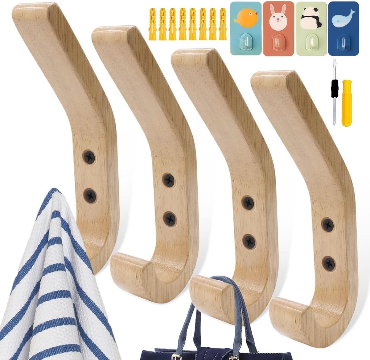 4 Pieces Wardrobe Hooks Wooden Hooks for Hanging Towels Umbrellas Handbags with Screwdriver, 4 Screws, 8 Stretch - ShopVlot
