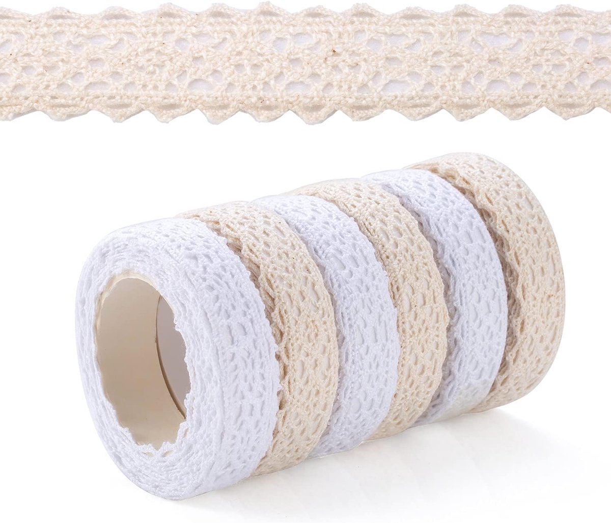 SnelShoppen - 6 rollen beige/witte kantlint, zelfklevend, vintage decoratietape, kantbanden, stoflint, 1.5 cm breed, 1.8 m lang, voor bruiloften, uitn