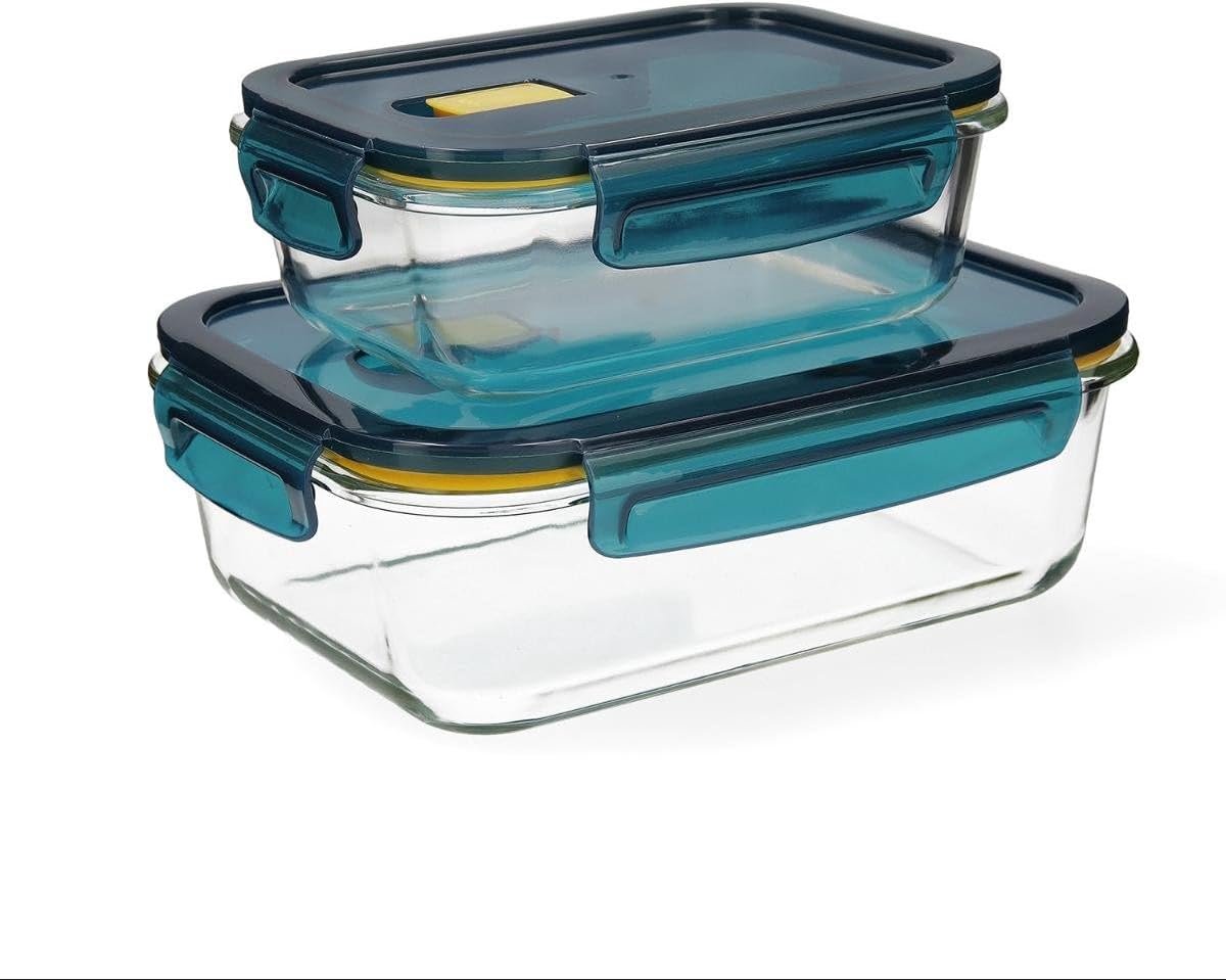 Astral Set van 2 luchtdichte glazen, 64 cl - 152 cl, geschikt voor magnetron, vriezer, recyclebaar