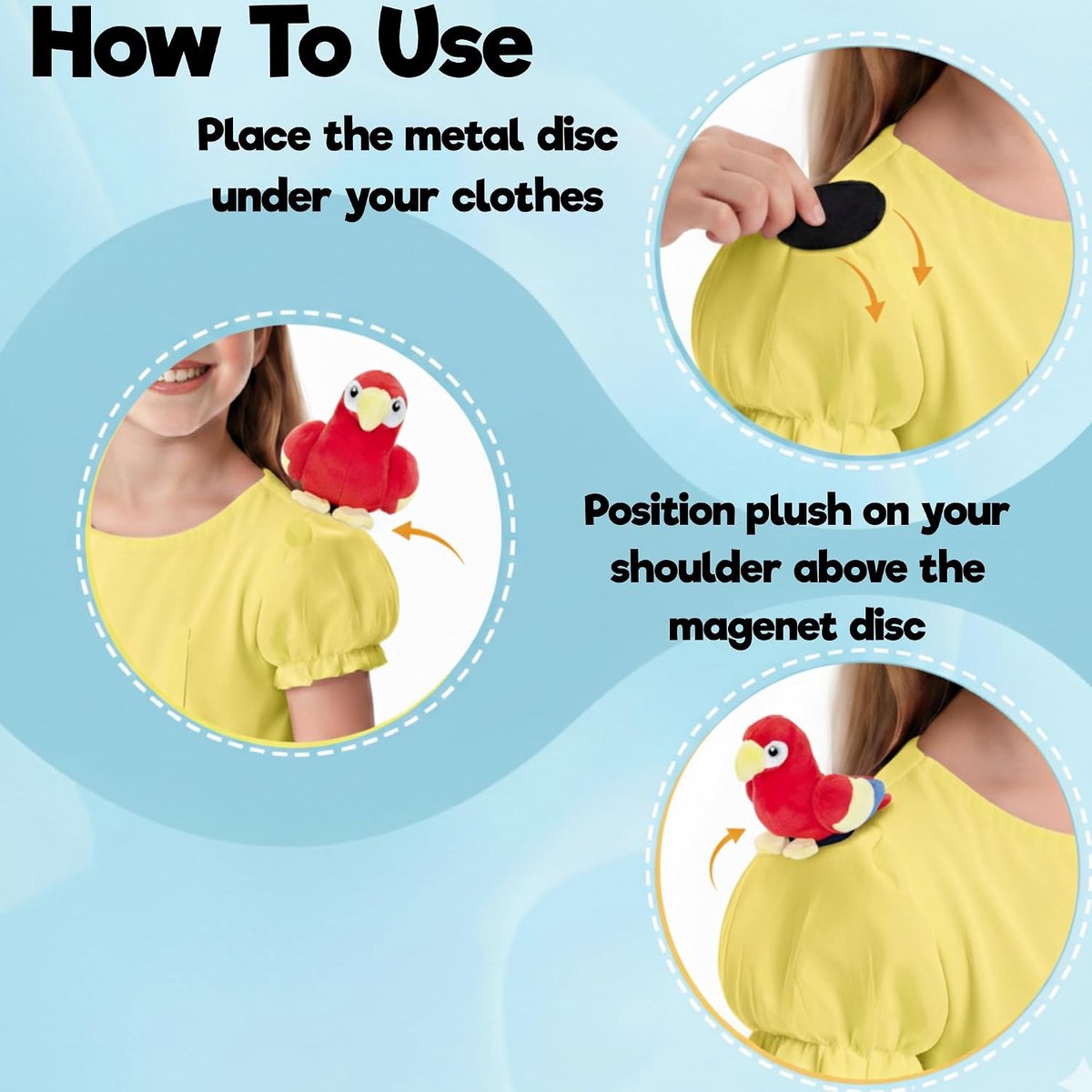 Co Shoulder Mates Papegaai Pluche Magneet Knuffeldier, Schattig Knuffeldier Cadeau voor Vogelliefhebbers & Tieners, Kostuum Accessoire Schoudervriend