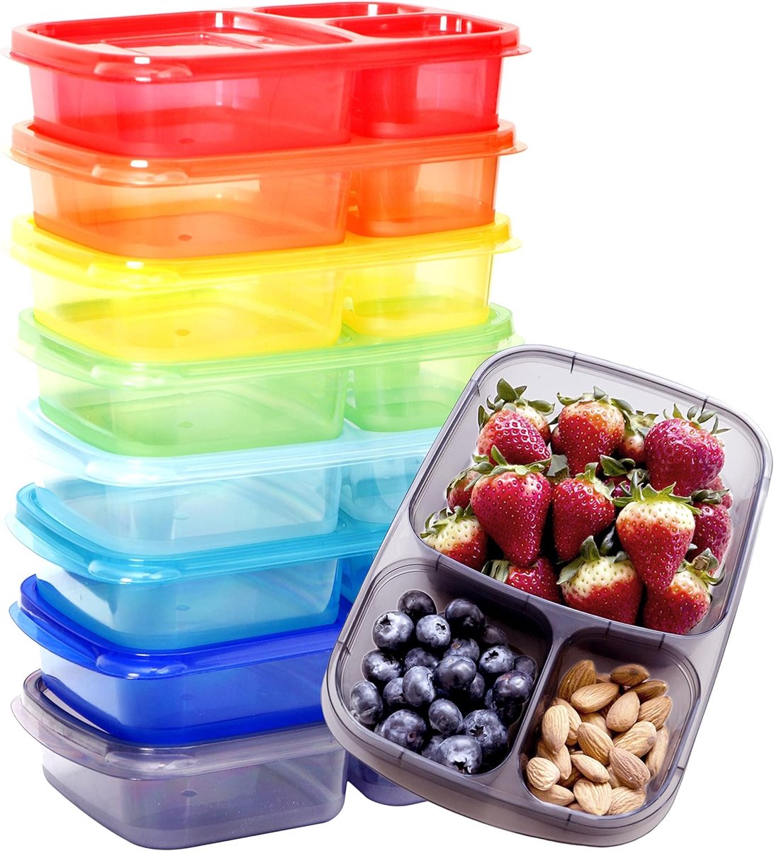 8 Stuks Bento Box, Lunchbox met 3 Vakken, Maaltijdbereidingscontainer Plastic, Herbruikbare Verdeelde Voedsel Opslag Container Dozen (Rainbow)